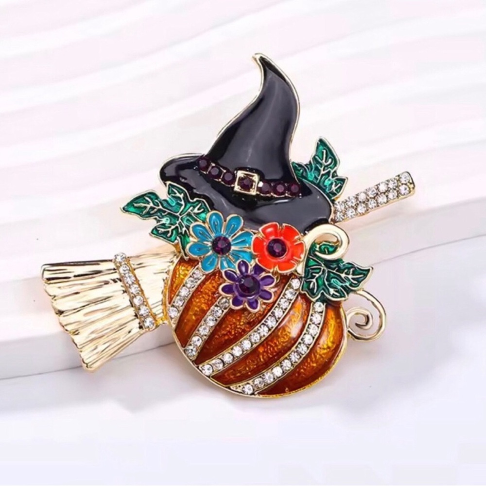 Halloween Pumpkin Witch Hat Brooch - Multicolor Enamel Crystal Pin
